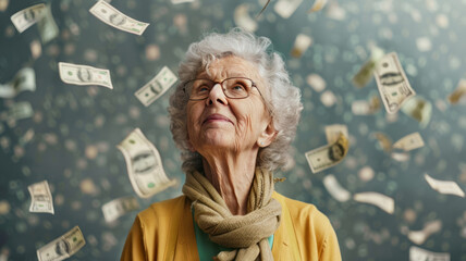 Elderly woman with falling money backdrop - An elderly lady looks up with a hopeful expression as cash notes rain down around her, symbolizing wealth or retirement - obrazy, fototapety, plakaty