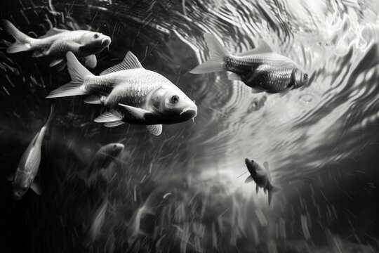 Black and white image of koi fish in pond - Monochromatic shot capturing the tranquil movement of koi fish swimming in the clear waters of a serene pond