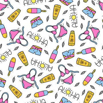 Seamless pattern with swimsuit, bathing shorts, popsicles, sunscreen, aloha lettering. Summer background. Stock isolated image on a white background. In doodle style.