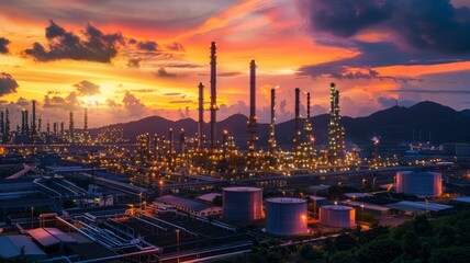 Oil refinery industry at twilight with mountains - Striking image of a fully operational oil refinery industry against a twilight sky with mountain backdrop - obrazy, fototapety, plakaty