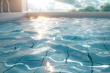 Pool with a sun shining on the water. The water is calm and the sun is reflecting off the surface
