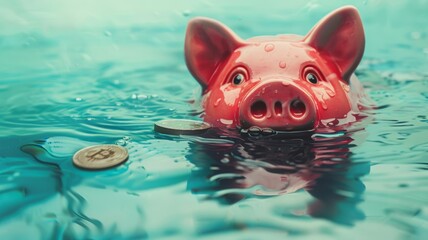 Piggy bank floating with coins in blue water - A whimsical image of a pink piggy bank semi-submerged in clear blue water with coins suggesting themes of finance and saving