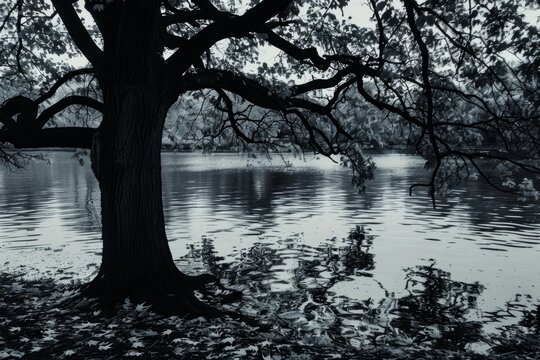 Monochromatic Tree by Waterside - A tranquil scene depicting a large tree beside calm waters in a monochrome palette
