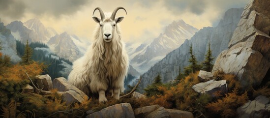 A mountain goat, a terrestrial animal with fur, stands on a rock in front of a majestic mountain. The scene is like a painting of natural landscape with goats