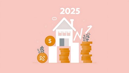 2025 Concept for new house, new year property, Wood house model and finance and banking house concept, financial success and growth concept. Real estate, rising interest rates. 3d render illustration