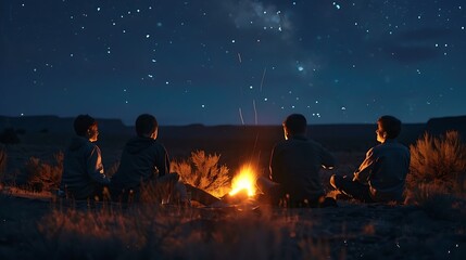 Beautiful scenery of night vision. Bonfire around 4 camping boys. Basking by the fire at night. The concept of outdoor activities. Camping & stargazing in the middle of the desert at night.
