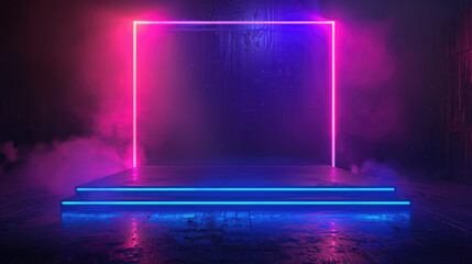 Empty, geometric, glowing neon stage with smoke in a dark, grunge, concrete show room background. ...