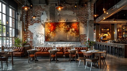Urban Restaurant With Large Painting. Generative AI - obrazy, fototapety, plakaty