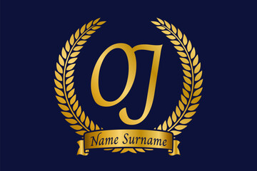 Initial letter O and J, OJ monogram logo design with laurel wreath. Luxury golden calligraphy font.