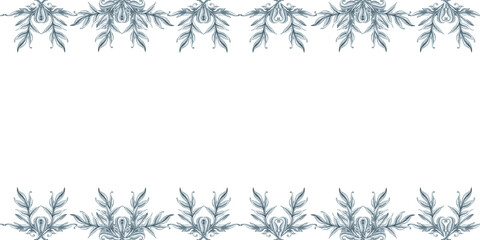 Monochrome gray floral watercolor seamless horizontal pattern with branches and leaves for stylish vintage design, template, banner, sticker, tattoo, background, textile, fabric, scrapbook, invitation