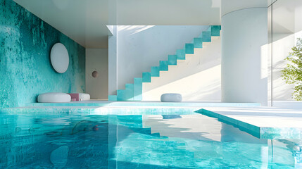 A minimalist retreat enlivened by bursts of vivid turquoise and chartreuse, casting a radiant and...