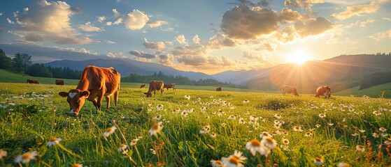 Cattle grazing, wide open fields, sustainable farming for an ecofriendly food wallpaper , high-resolution - obrazy, fototapety, plakaty