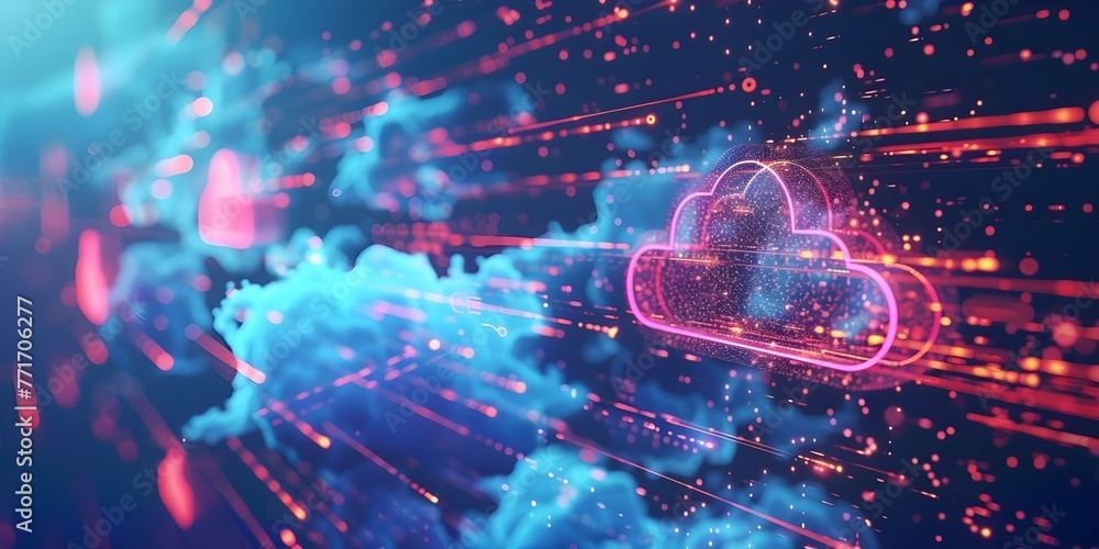 Poster captivating image of interconnected digital nodes in a cloud network against a dynamic background. c