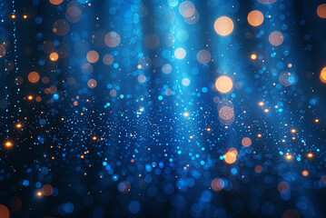 Blue and orange background with many small, bright, and colorful dots. Scattered throughout the...