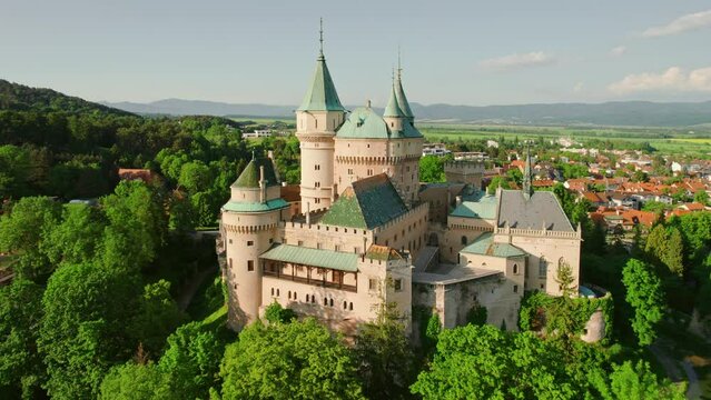 Aerial view of Bojnice medieval castle, UNESCO heritage site in Slovakia