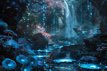 Naklejka premium : A magical forest path lined with bioluminescent mushrooms, leading towards a hidden waterfall.