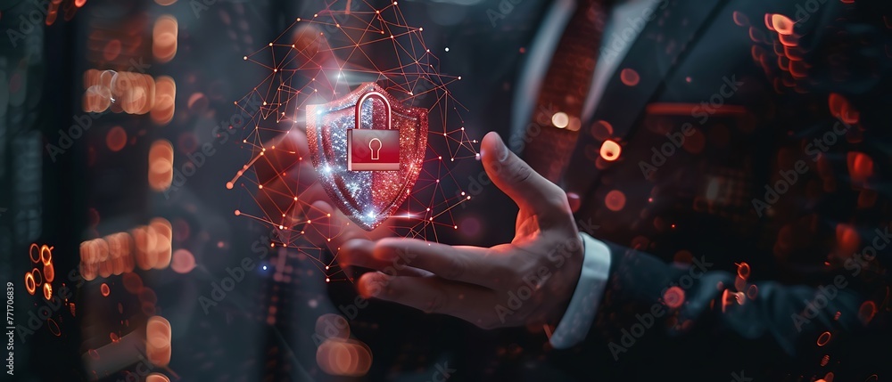 Aufkleber cyber security concept. businessman protects personal and corporate data. internet network security 