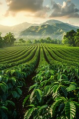 Fototapeta premium Coffee plantation, panoramic view, bean to cup for a rich food industry wallpaper , octane render