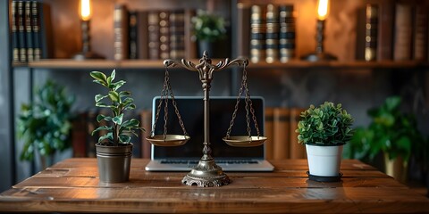 Lawyers website with scales of justice on laptop screen. Concept Legal Services, Lawyers Website, Scales of Justice, Web Design, Technology Integration