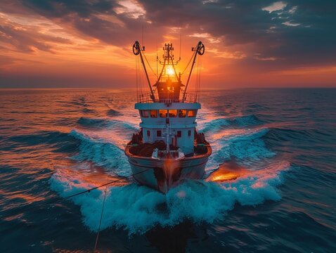 Commercial fishing boat at dawn, wide view, harvest from the sea for a maritime food background , vibrant