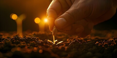Symbolism of growth and abundance in the cycle of life: Person sowing seeds in fertile soil. Concept Growth, Abundance, Cycle of Life, Sowing Seeds, Fertile Soil - obrazy, fototapety, plakaty