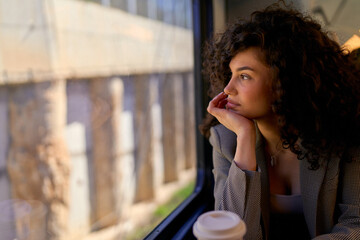 Contemplative woman enjoying the solitude of her train journey, looking out the window with a...