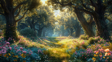 beautiful fairytale enchanted forest with big trees and great vegetation. Digital painting...