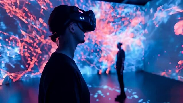 Man in virtual reality VR headset in cyber space. Art exhibition with augmented reality, virtual museum tour concept