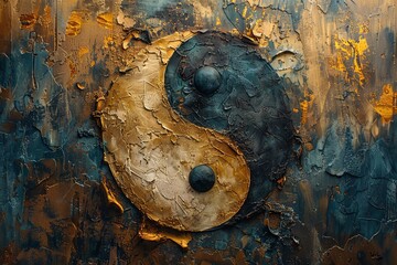 Yin and yang symbol in gold and black painted with strokes of oil paint