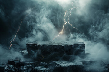 Mockup for product photography of a stone pedestal surrounded by lightning and smoke