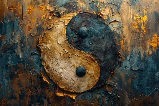 Yin and yang symbol in gold and black painted with strokes of oil paint