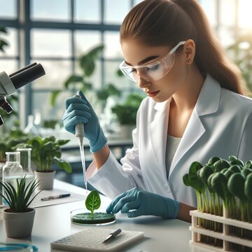 A female scientist, wearing glasses, is studying a terrestrial plant in a laboratory. She is conducting research on the organism using engineering and science principles