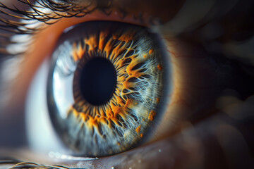 Extreme close up of the human eye Revealing the pupil being sold, colorful eye color