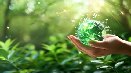 ESG icon concept in the woman hand for environmental, social, and governance by using technology of renewable resources to reduce pollution and carbon emission. Ecology & sustainability