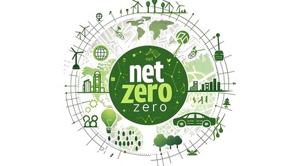 Net Zero natural environment. A climate-neutral long-term strategy greenhouse gas emissions targets with green net icon in center. Goal of carbon neutrality by 2050. Vector Illustration. copy-space