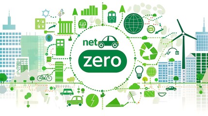 Net Zero natural environment. A climate-neutral long-term strategy greenhouse gas emissions targets with green net icon in center. Goal of carbon neutrality by 2050. Vector Illustration. copy-space - obrazy, fototapety, plakaty