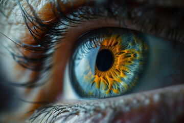 Extreme close up of a human colorful eyes shows detail of the iris and pupil - obrazy, fototapety, plakaty