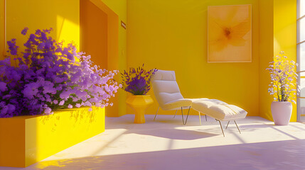 A pristine chamber adorned with bursts of vivid mustard and lavender, adding a pop of color and personality to the minimalist sanctuary