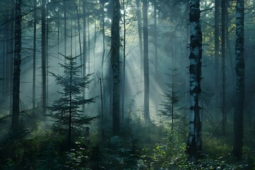 : A misty forest in the early morning, with sunlight filtering through the trees