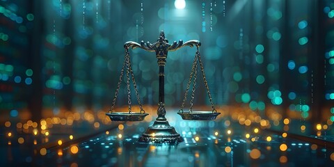 Symbolism of justice and jurisprudence in the modern world: Law scales background in a data center. Concept Justice System, Law Symbolism, Data Center, Modern World, Scales of Justice - obrazy, fototapety, plakaty