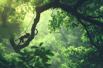 : A monkey swinging from tree to tree, with a sense of excitement and adventure, under a lush green canopy