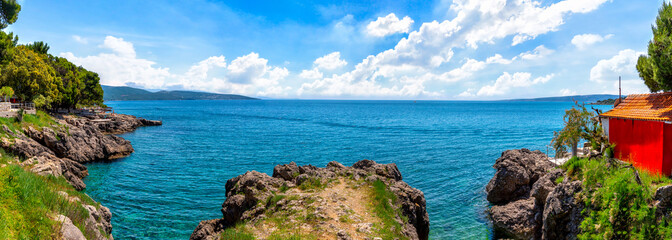 Panorama from the Adriatic coast of the town of Krk to the sea, Croatia - obrazy, fototapety, plakaty