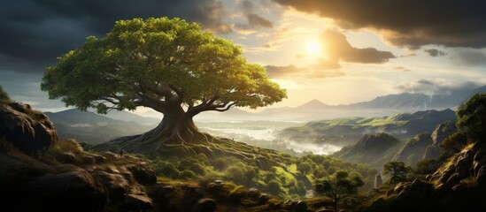Fototapeta premium A majestic tree stands on a hill surrounded by a lush forest. The sky is covered with fluffy clouds, enhancing the natural beauty of the landscape with green grass and terrestrial plants