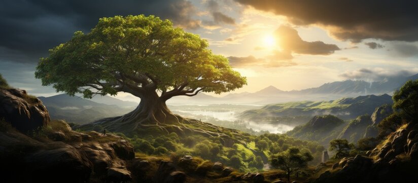 A majestic tree stands on a hill surrounded by a lush forest. The sky is covered with fluffy clouds, enhancing the natural beauty of the landscape with green grass and terrestrial plants