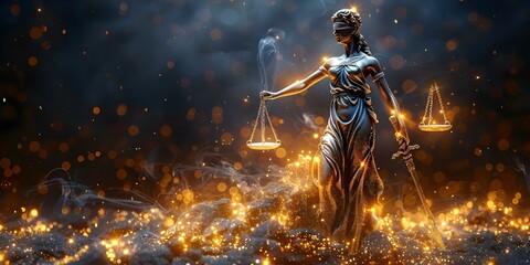The Digital Business World: Symbolic Representation of Justice with Ideal In-House Lawyers. Concept Digital Business, Symbolic Justice, In-House Lawyers, Ideal Representation - obrazy, fototapety, plakaty