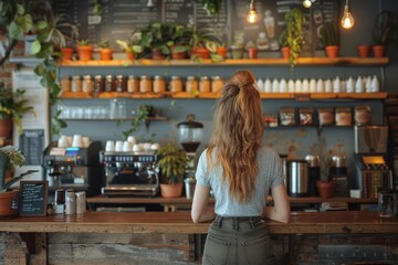 Young redhead female employee standing patiently behind the wooden counter of a rustic style coffee house with plants - obrazy, fototapety, plakaty