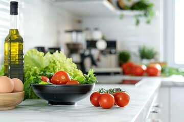 A kitchen counter with a variety of fresh vegetables and fruits, including tomatoes, lettuce, and a bottle of olive oil. Concept of health and wellness