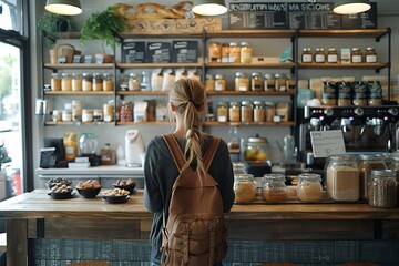 Rear view of a young woman with a backpack browsing eco-friendly goods in a sustainable store with...