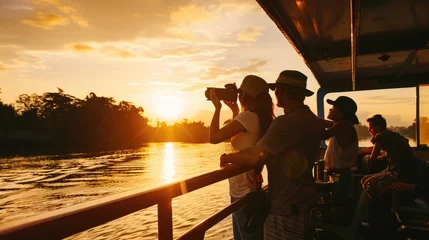 Foto op Canvas silhouette of Happy family with camera sightseeing from tourist boat on river © romanets_v