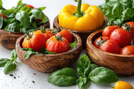 A photo of fresh vegetables in wooden bowls